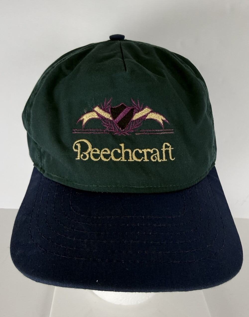 VTG Beechcraft Aircraft Snapback Hat Green Navy Embroidered Aviation Cap RARE